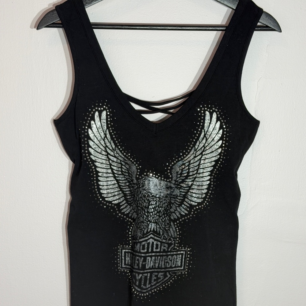 NWT Harley Davidson Tank Top Small Black Eagle Rhinestone Lace Back